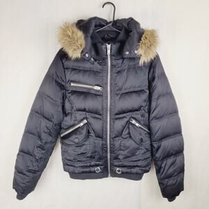 Via black fur trim hooded puffer coat womens Size medium Y2K Ski Glam